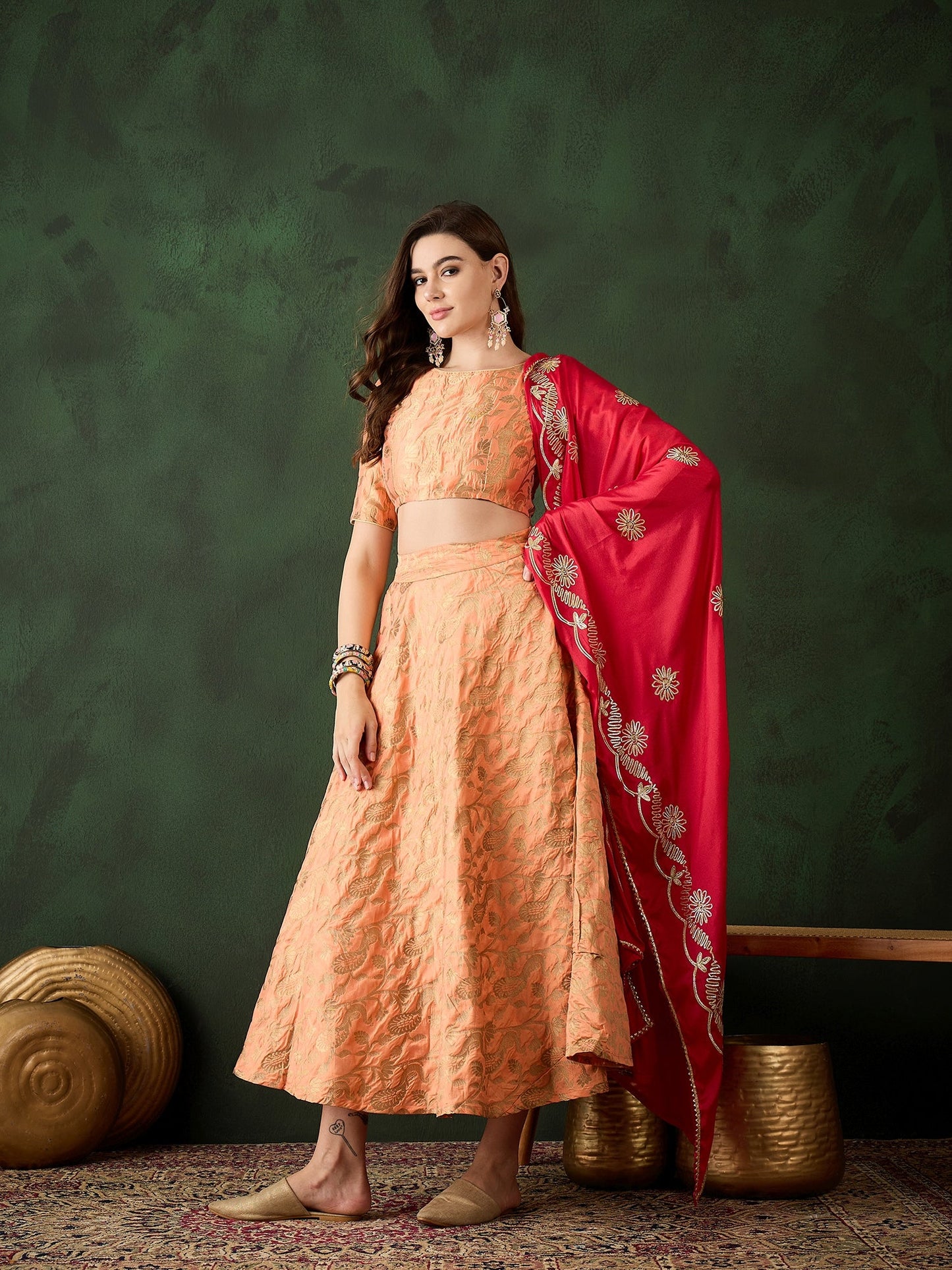 Peach Jacquard Lehenga Choli With Dupatta - Elganza