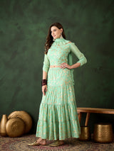 Green Floral Print Lehenga Choli Set - Elganza