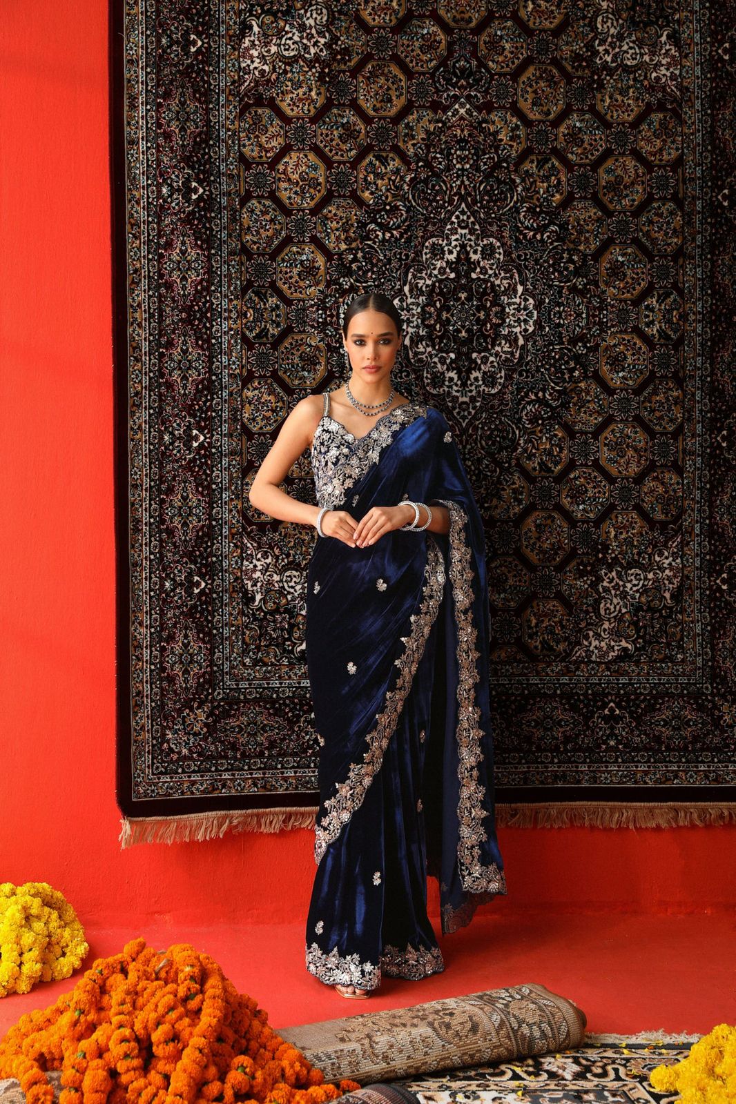 Designer Winter Velvet Saree with Sequins & Jari Embroidery