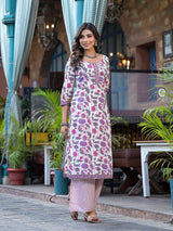 Off-white Kurta Set with pink Floral Print - Elganza