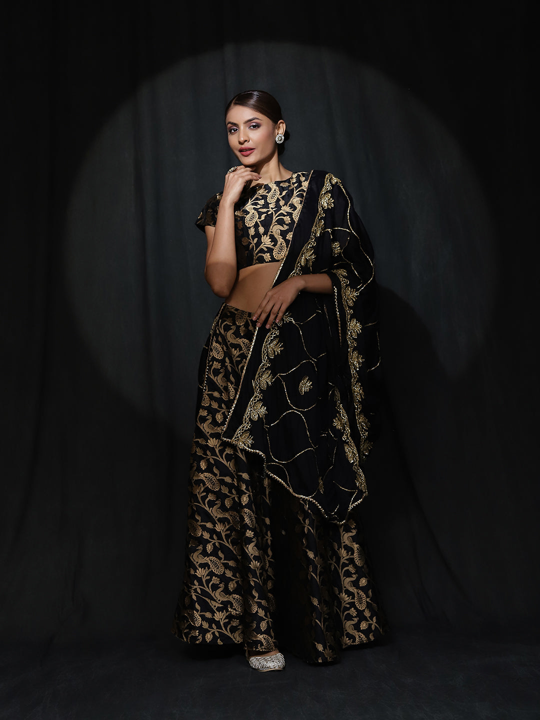 Black Jacquard Lehenga Choli With Dupatta - Elganza