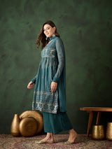 Teal Embroidered Nyra-Cut Kurta Palazzo With Dupatta - Elganza