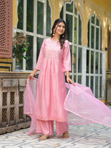 Powder Pink A-Line Kurta With Mirror Work On Dupatta - Elganza