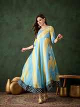 Blue Embroidered Flared Maxi Dress - Elganza