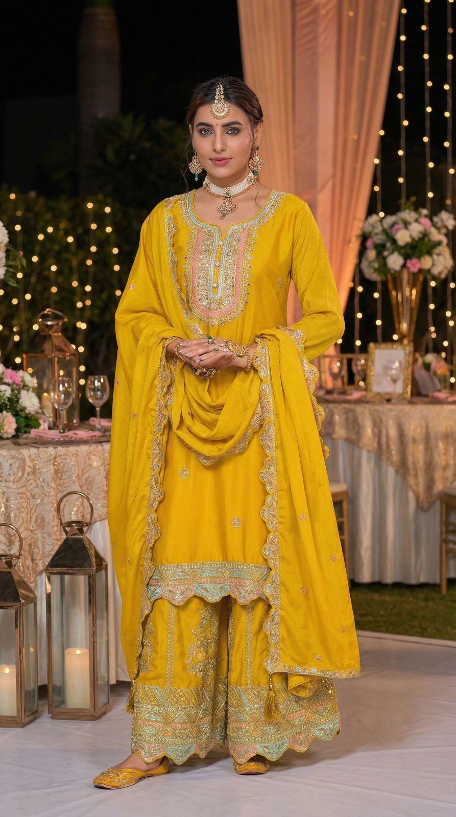 Heavily Embroidered Chinon Kurti Plazo Dupatta Ready-Made Set