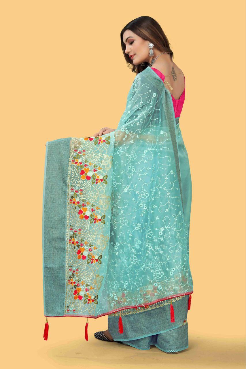 Party Wear Organza Silk Saree with Multicolor Embroidery and Zari Border