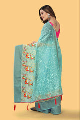 Party Wear Organza Silk Saree with Multicolor Embroidery and Zari Border