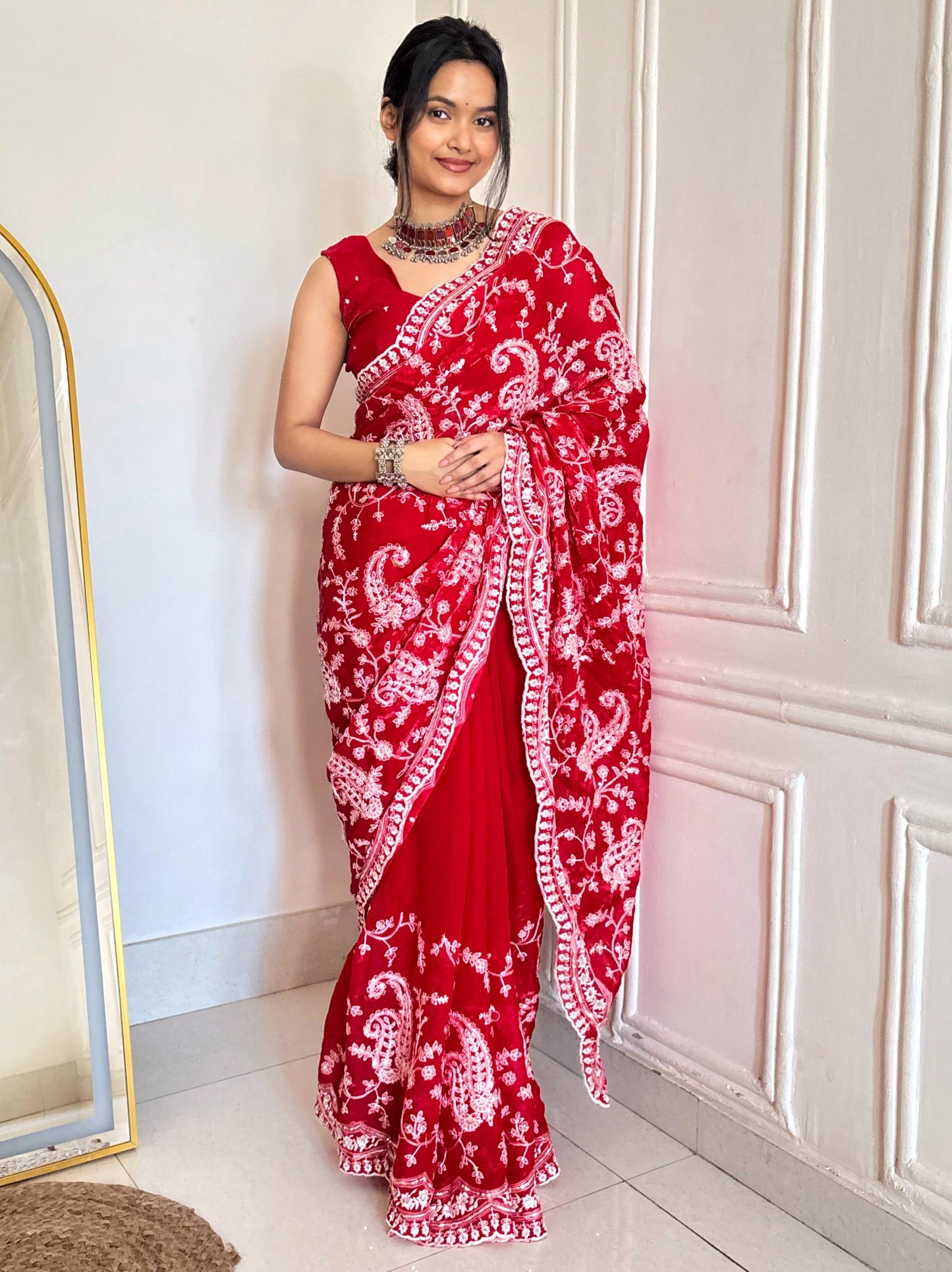 Beautiful Designer Bollywood Fandy Satin Silk Saree with Sequins & Malti Thread Embroidery