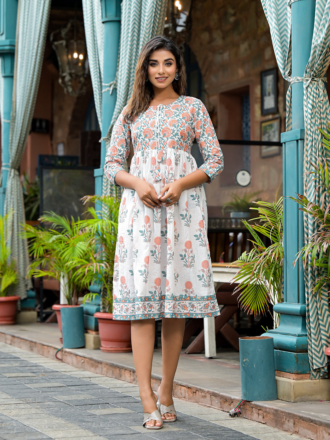 White Mughal Print A-Line Dress - Elganza