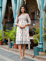 White Mughal Print A-Line Dress - Elganza
