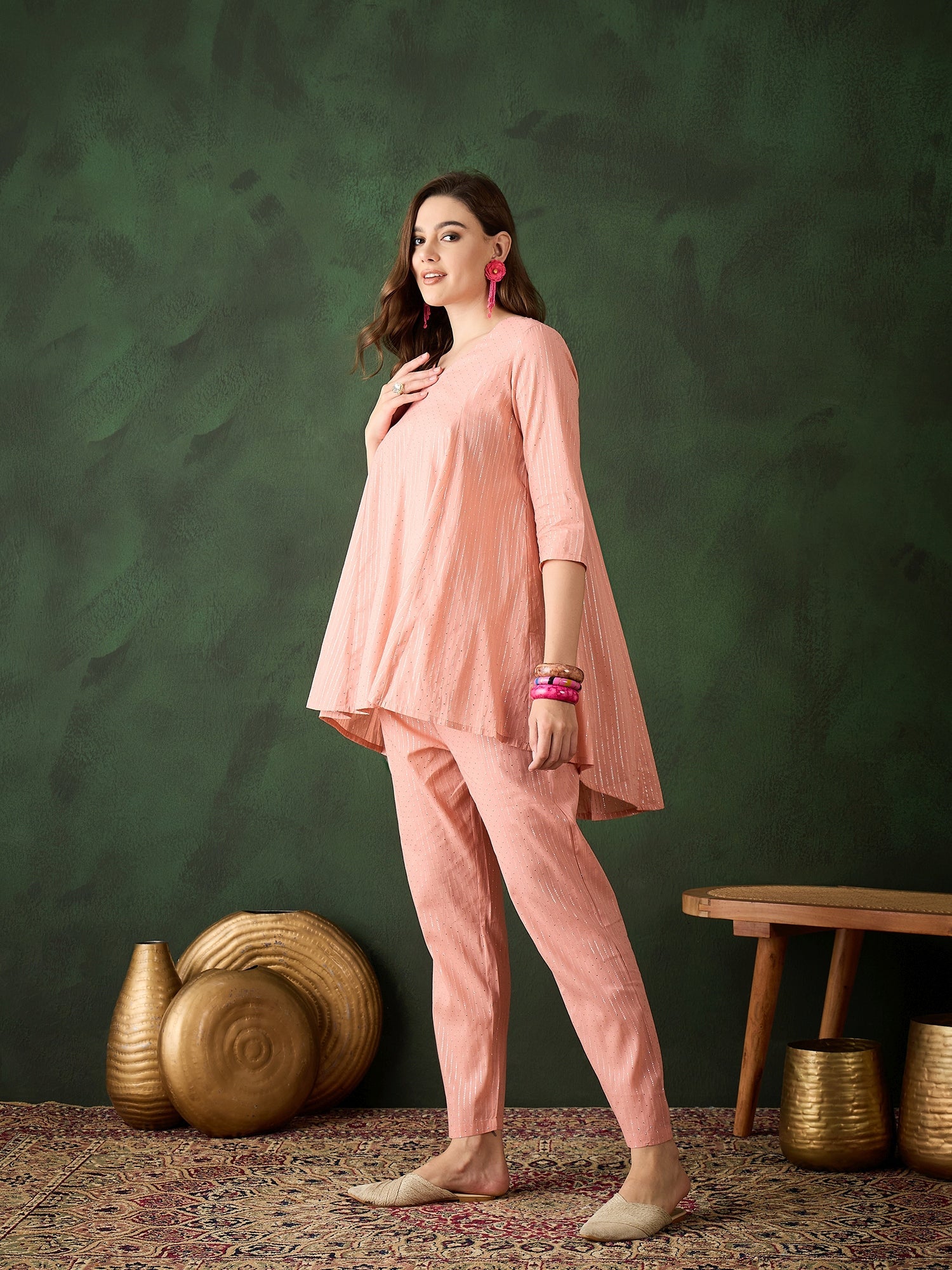 Pink Lurex Designed Flared Co-Ord Set - Elganza