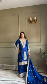 Designer Fendi Satin 3 Piece Suit Set with Embroidery Work & Lace Border (Top, Plazo & Dupatta)