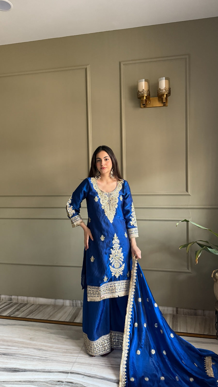 Designer Fendi Satin 3 Piece Suit Set with Embroidery Work & Lace Border (Top, Plazo & Dupatta)