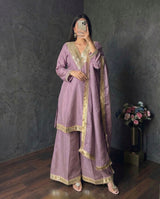 Designer Simmer Silk 3 Piece Suit Set with Mirror Work Top & Palazzo