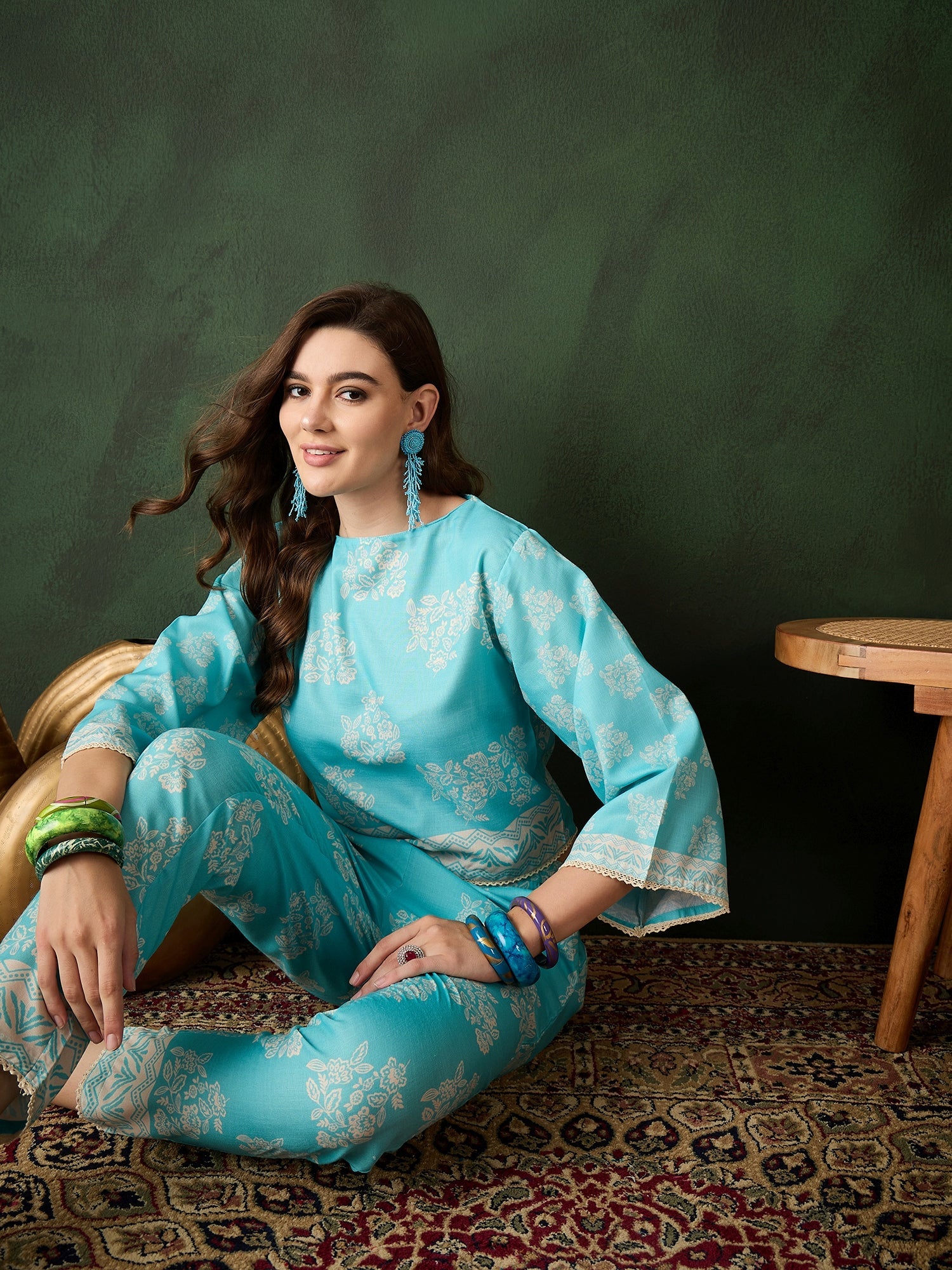 Turquoise Blue Floral Print Co-Ord Set - Elganza