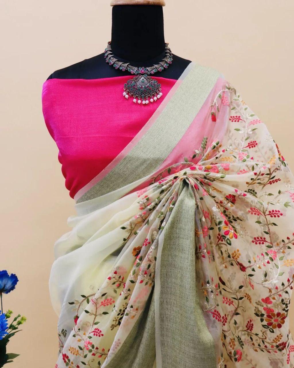 Evergreen Silver Tissue Silk Designer Saree with Multicolor Floral Embroidery