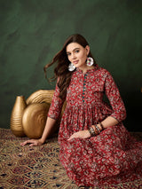 Red Floral Print Kantha Work Gathered Kurta - Elganza