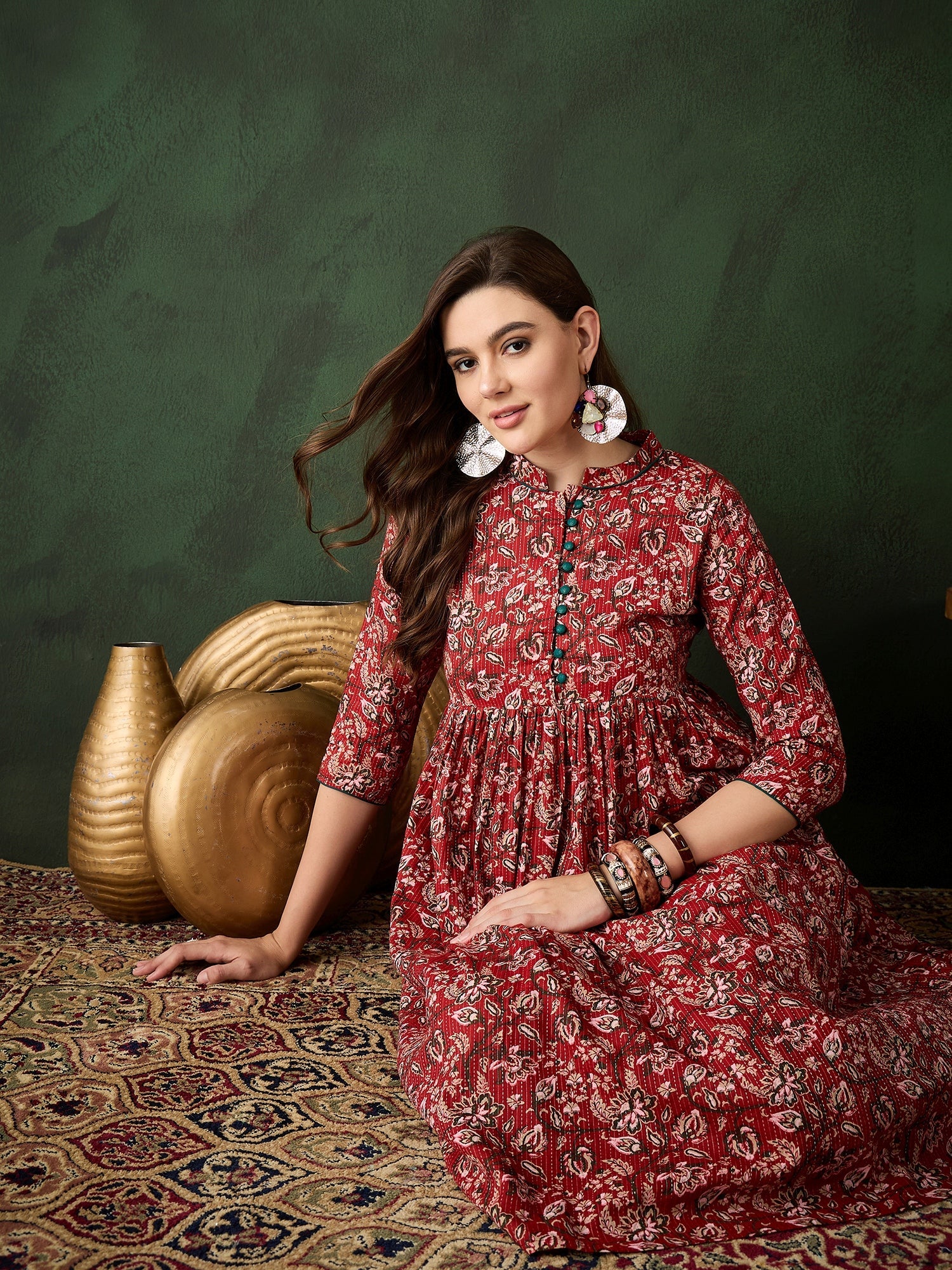 Red Floral Print Kantha Work Gathered Kurta - Elganza