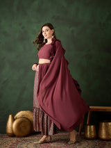 Burgundy Foil Printed Lehenga Choli With Dupatta - Elganza