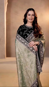 Most Popular Evergreen Soft Mocha Silk Saree with Silver Jari & Sequins Embroidery