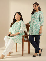 Plus Size Green Georgette Floral Printed A-line Tunic