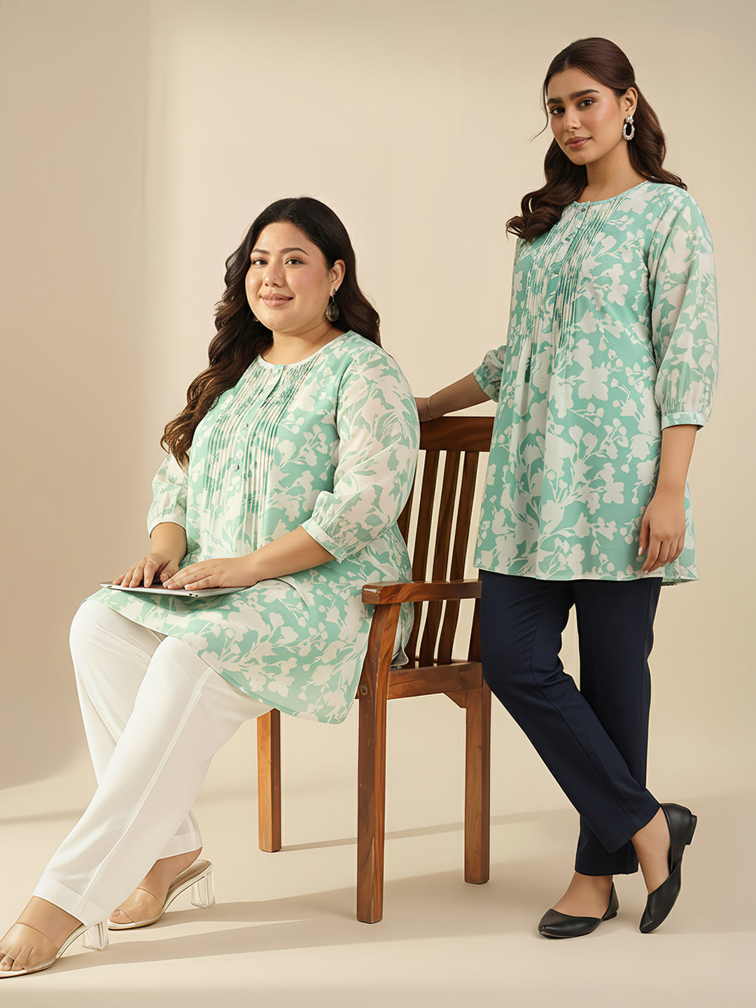 Plus Size Green Georgette Floral Printed A-line Tunic