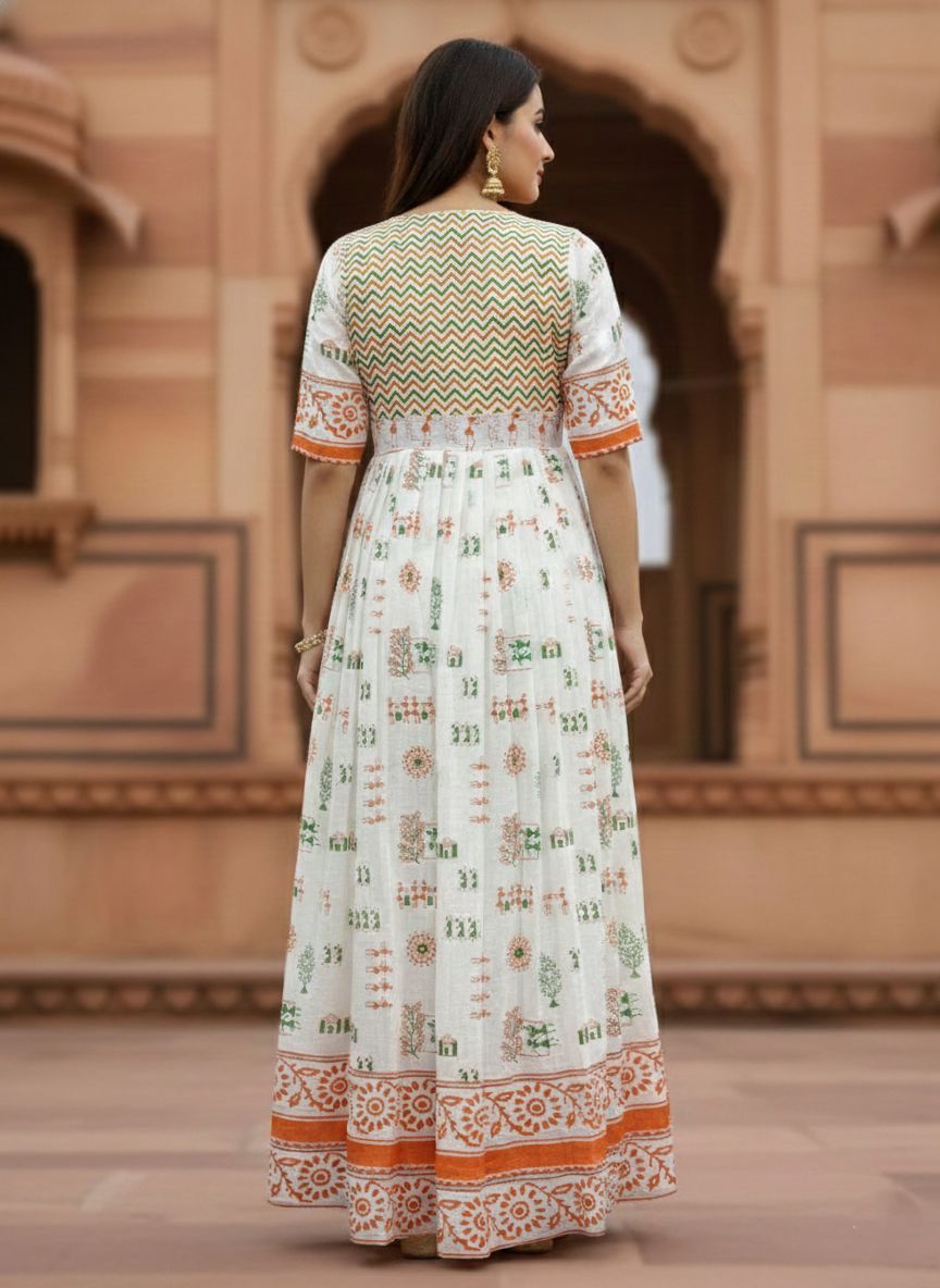 Stylish Pure Cotton Tricolour Geometric Printed Flaired Gown for Independence Day