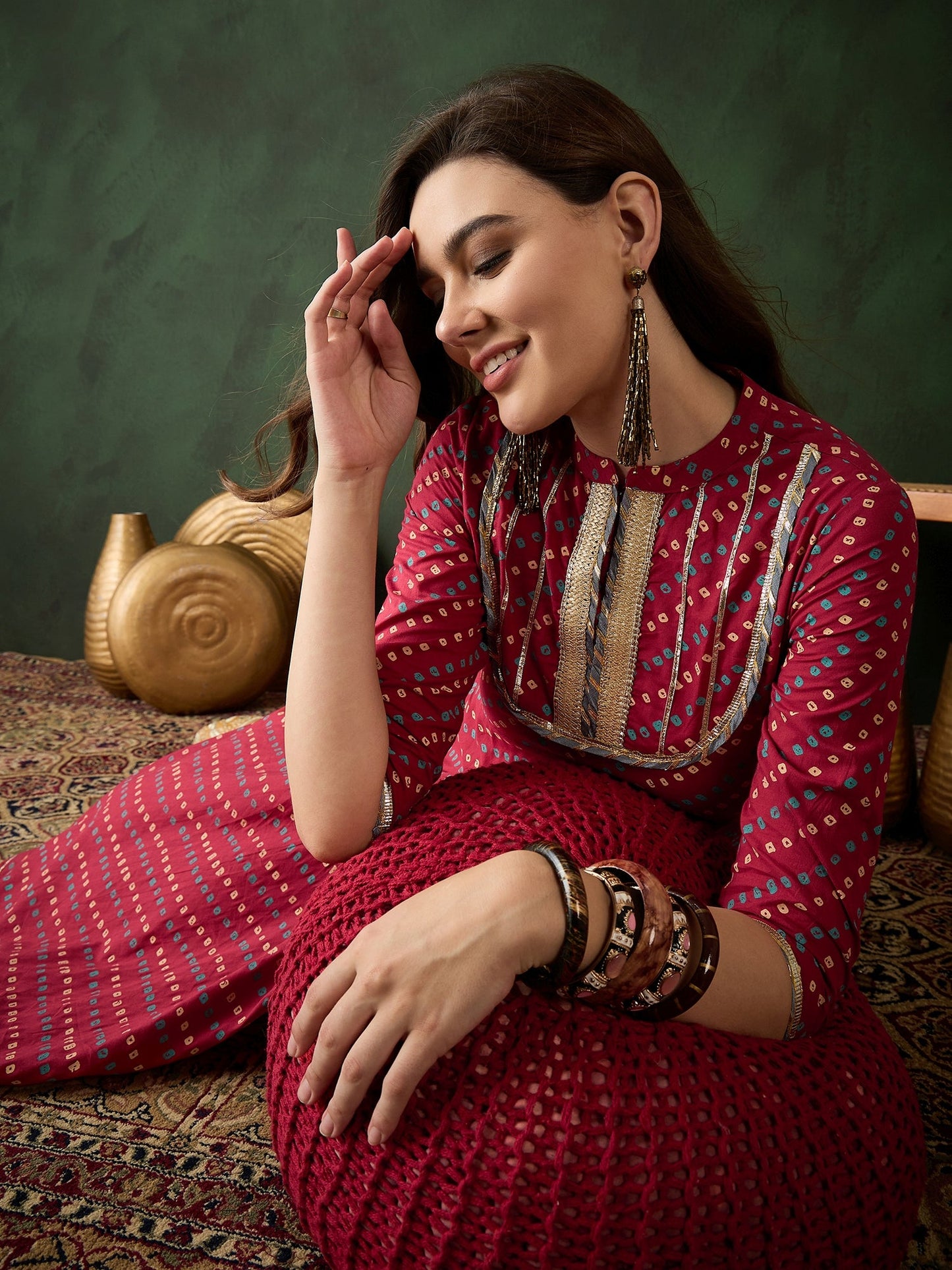 Red Bandhani Print Anarkali - Elganza