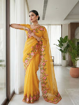 Designer Candy Crush Saree with Multicolor Floral Jari Dori Embroidery & Cutwork Border