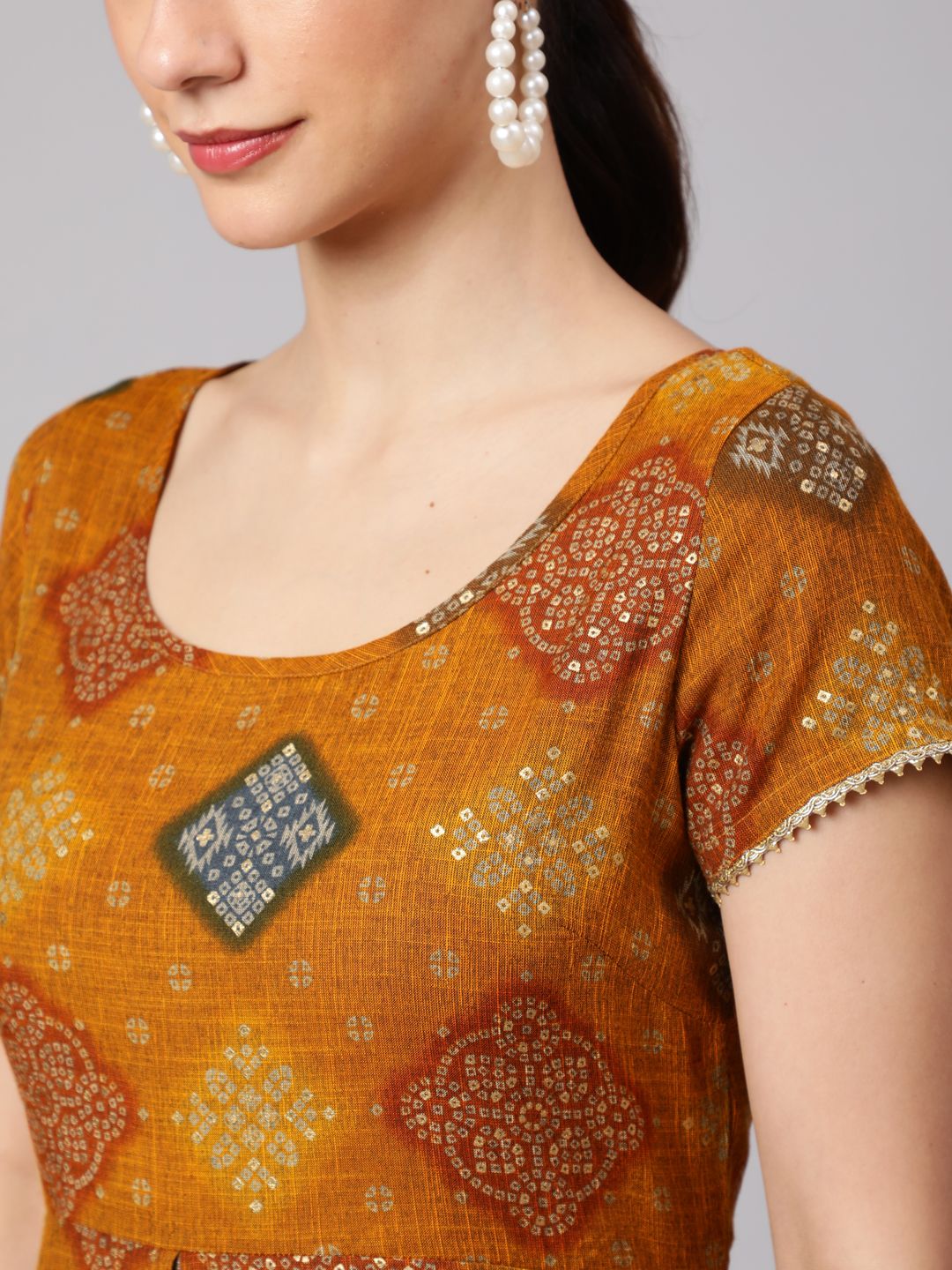 Mustard Bandhani Print Layered Maxi Dress - Elganza