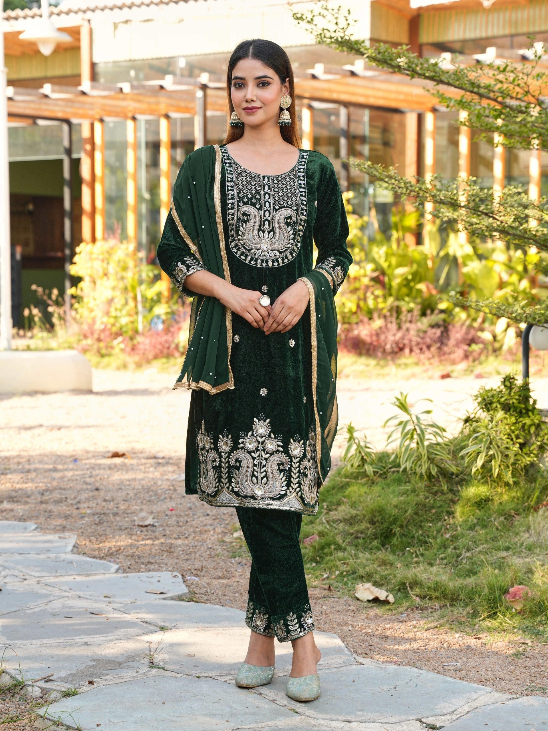 Women Designer 3 Piece Velvet Suit Set with Embellished Top, Velvet Bottom & Faux Georgette Dupatta