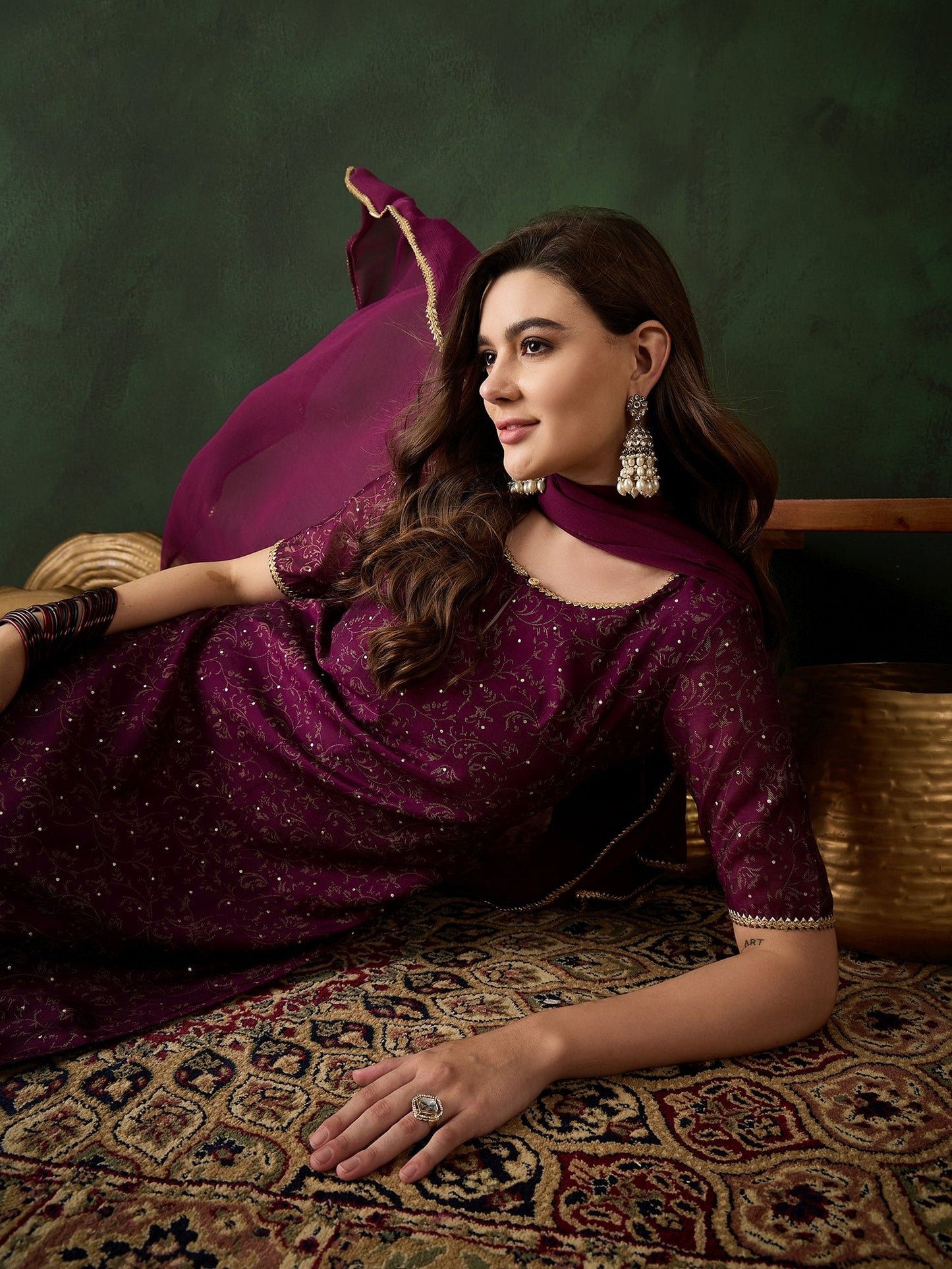 Purple Gold Print Kurta Pant With Dupatta - Elganza