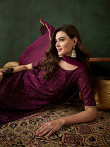 Purple Gold Print Kurta Pant With Dupatta - Elganza