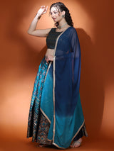 Teal Blue Gold Zari Work Lehenga Choli With Dupatta - Elganza