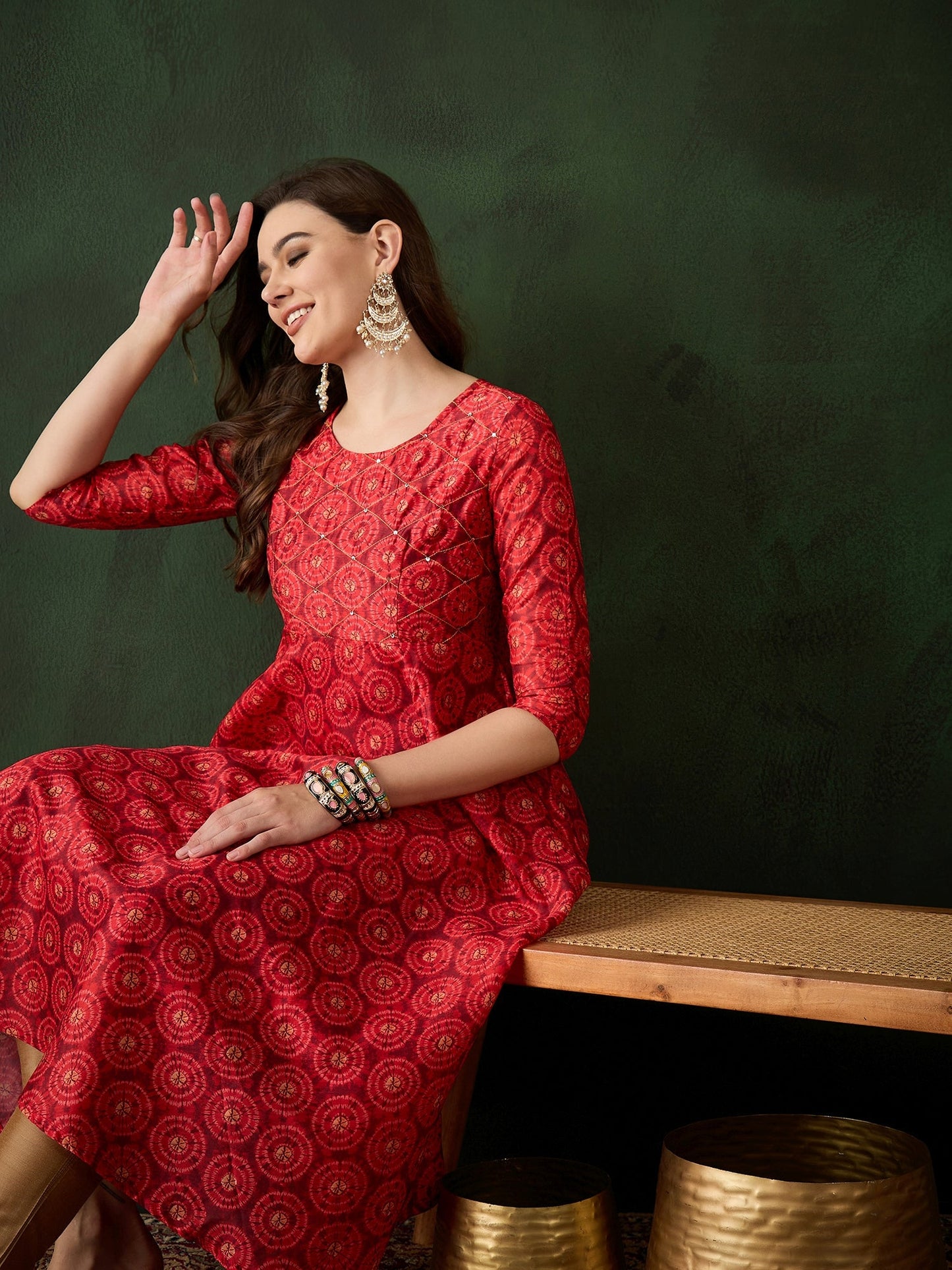 Red Geometric Print Anarkali - Elganza