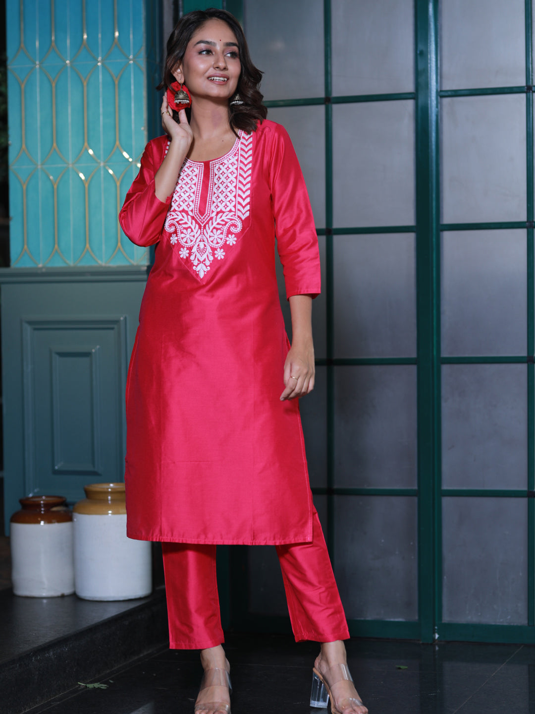 Hot Pink Embroidered Cotton Silk Kurta Set - Elganza