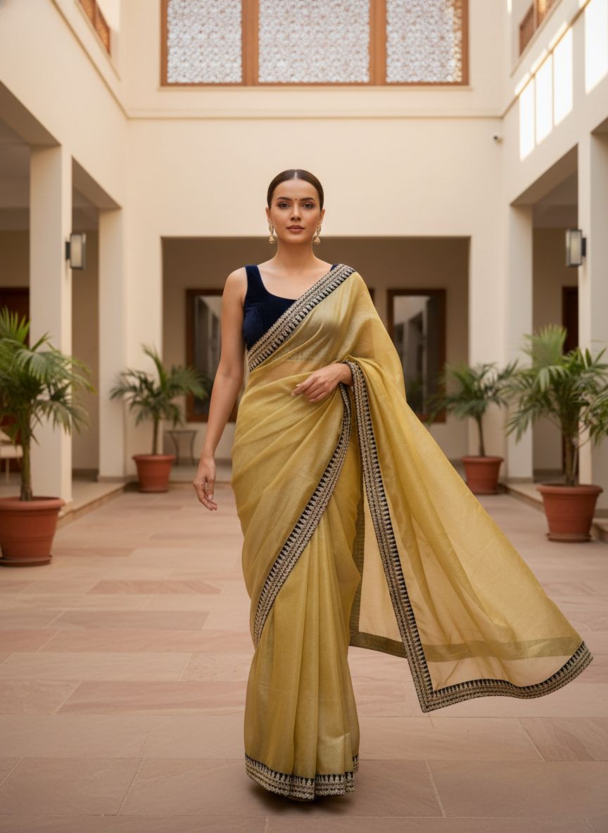 Designer Bollywood Style Soft Twill Net Saree with Sequins & Zari Dori Embroidery and Velvet Lace Border with Unstitched Blouse