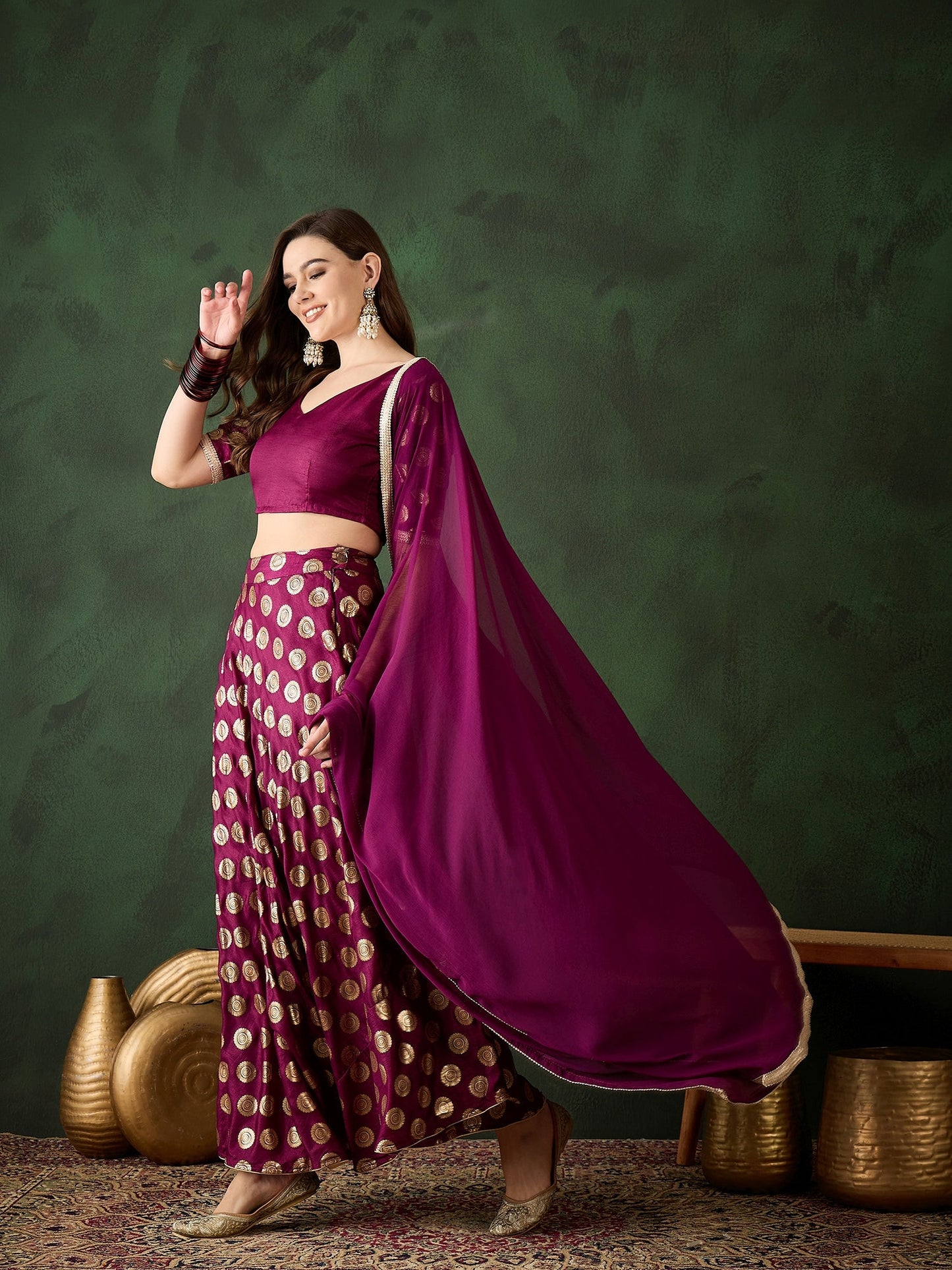 Purple Gold Foil Print Lehenga Choli With Duptta - Elganza