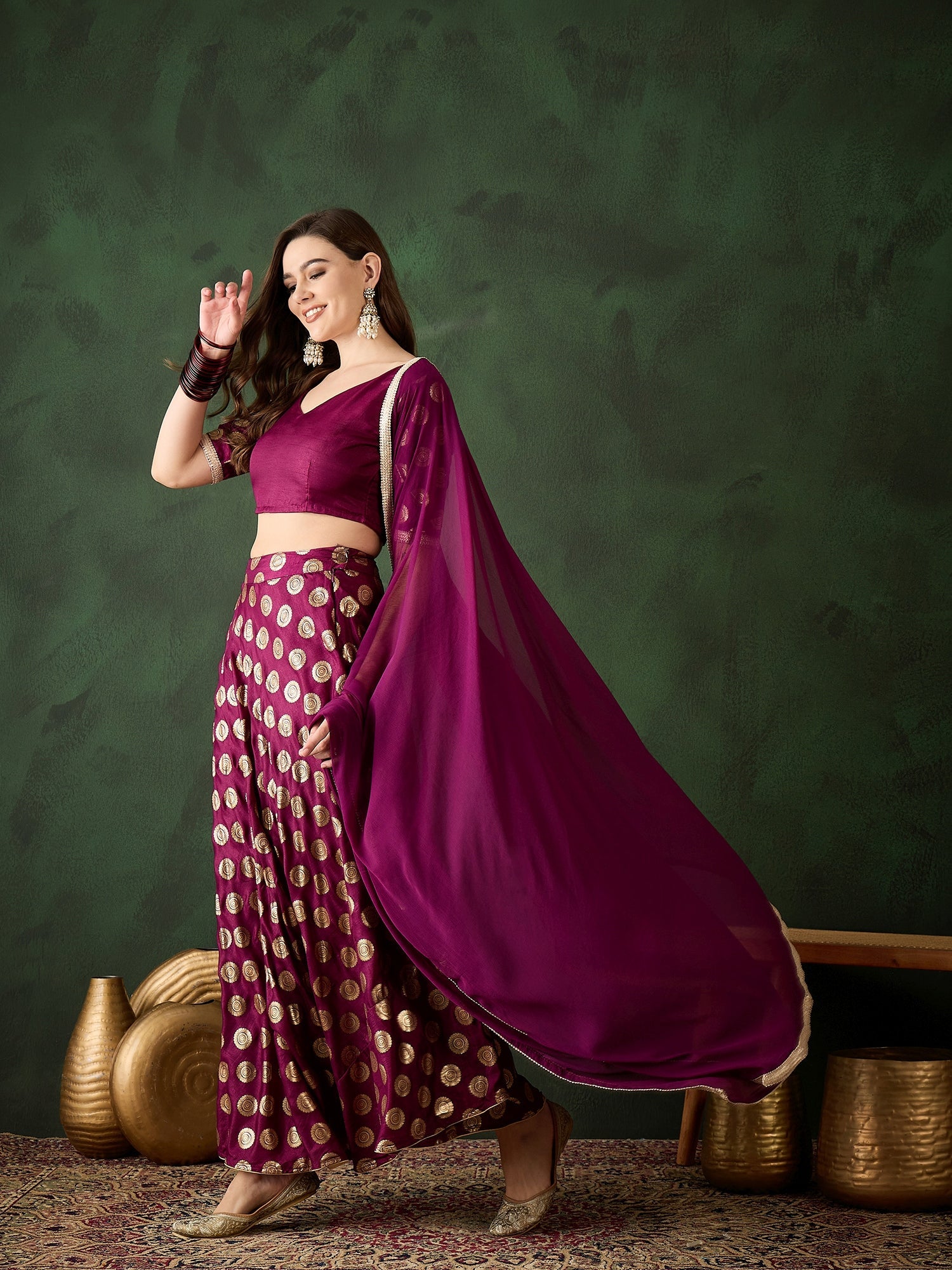 Purple Gold Foil Print Lehenga Choli With Duptta - Elganza