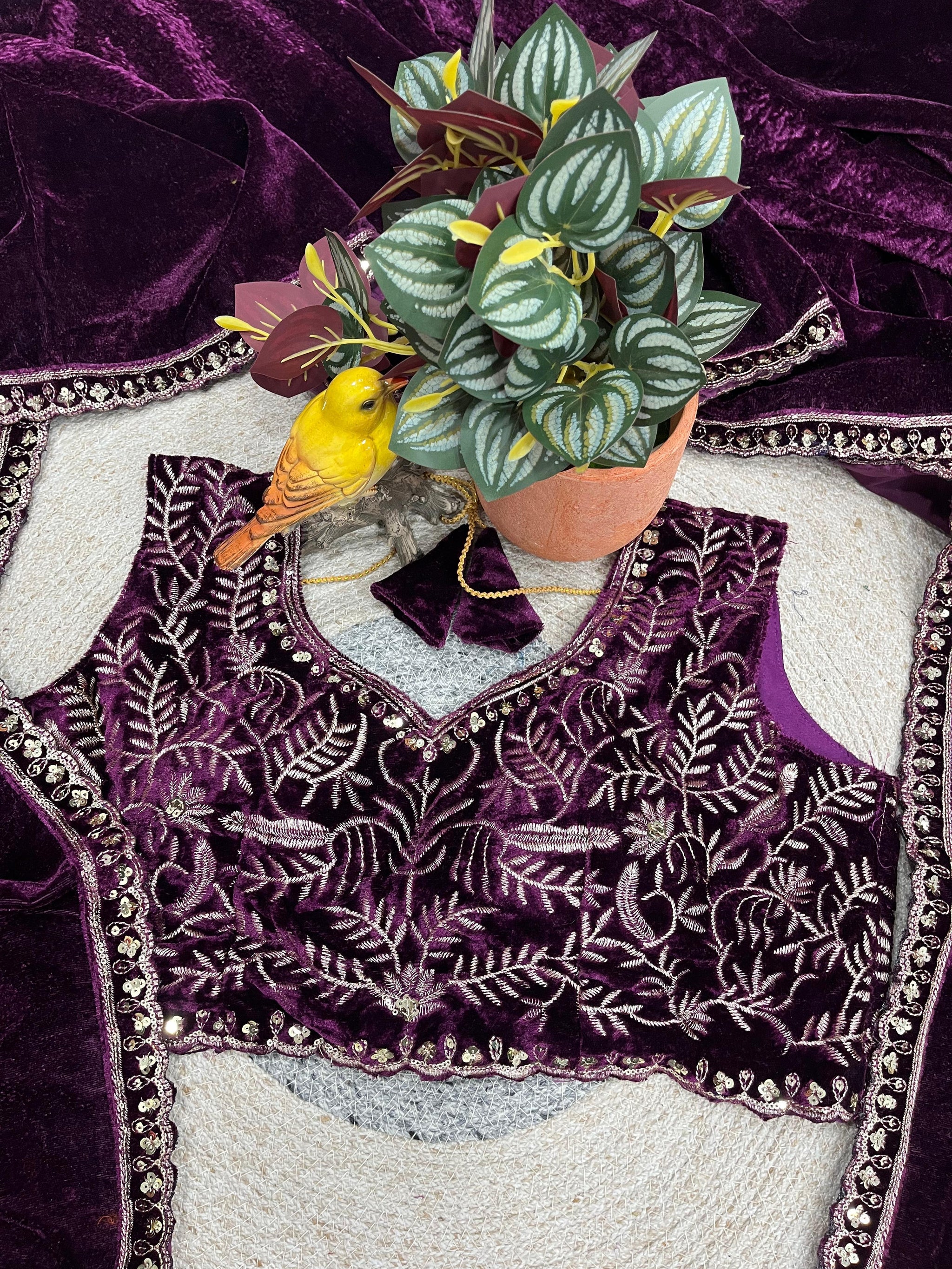 Luxury 9000 Quality Velvet Saree with Fine 3mm Sequin Jari Embroidered Cutwork Border & Ready Blouse