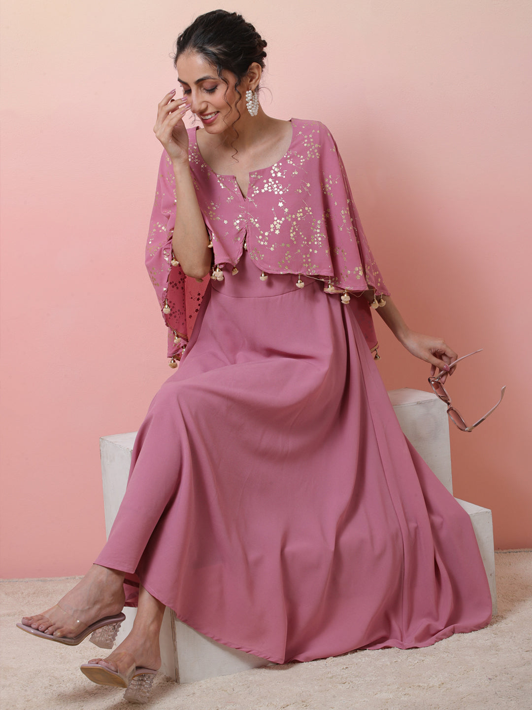 Mauve Foil Print Anarkali With Flared Sleeve - Elganza