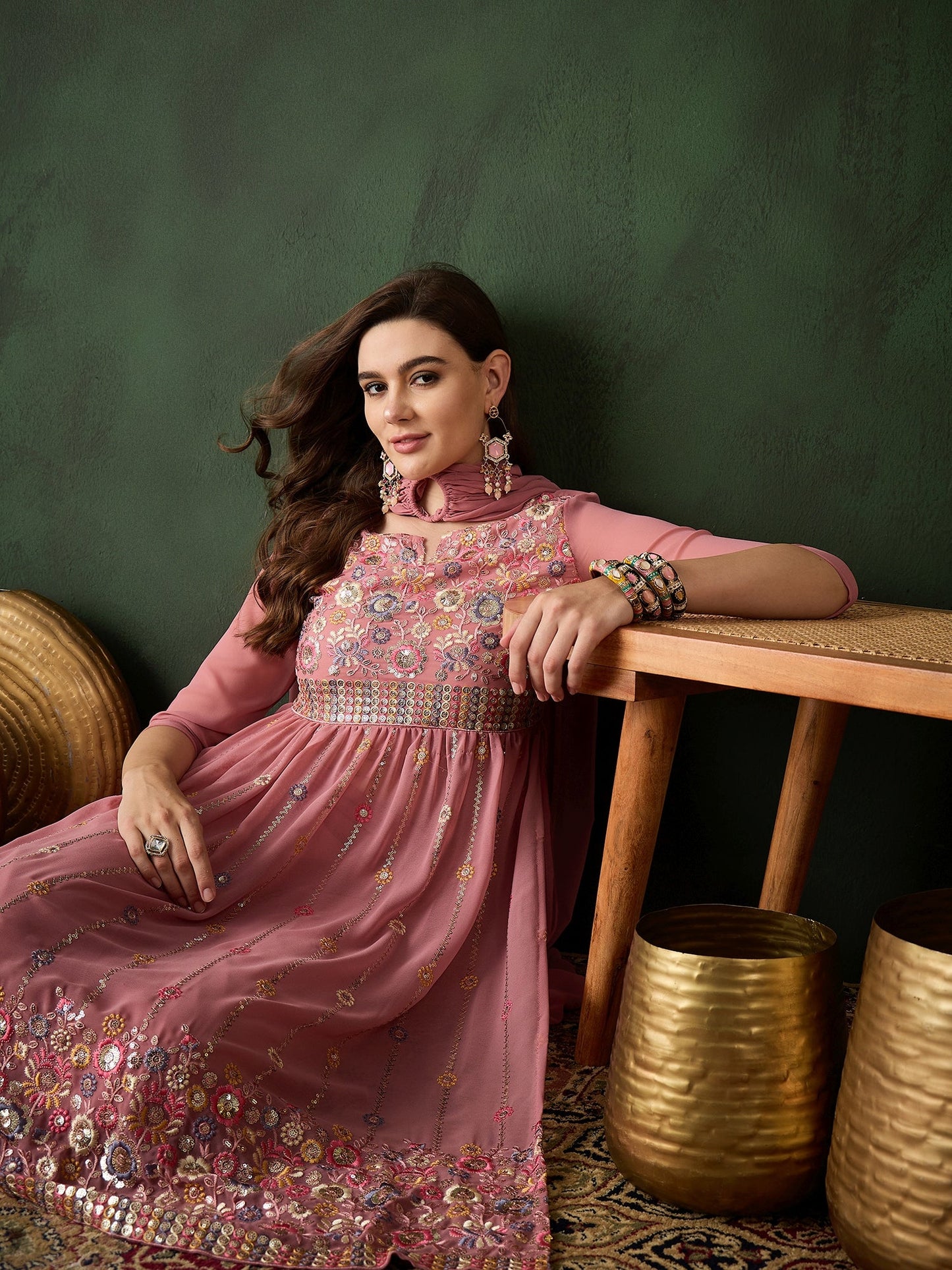 Pink Embroidered Nyra-Cut Kurta Palazzo With Dupatta - Elganza