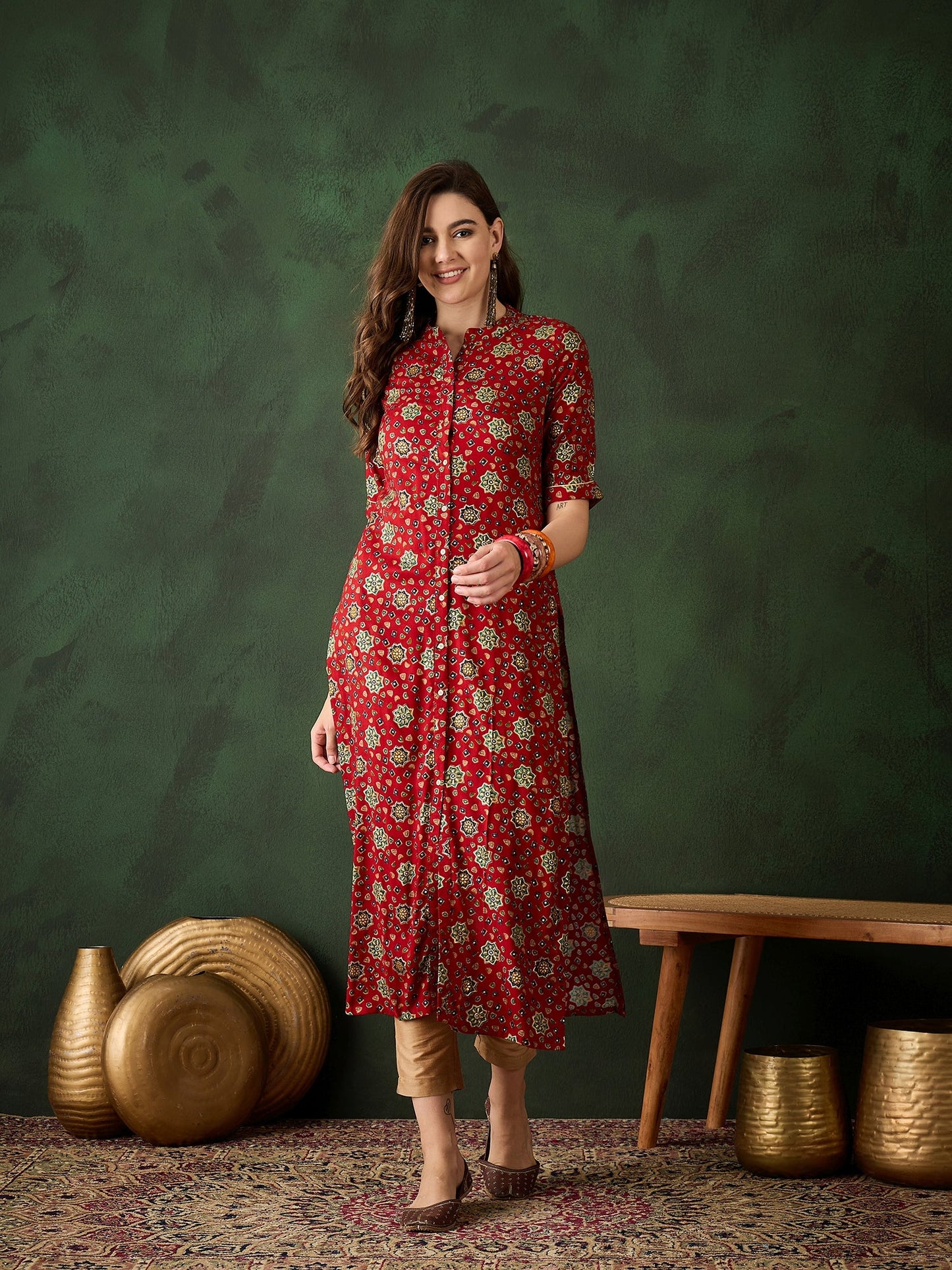 Red Gold Print Button Down Kurta - Elganza