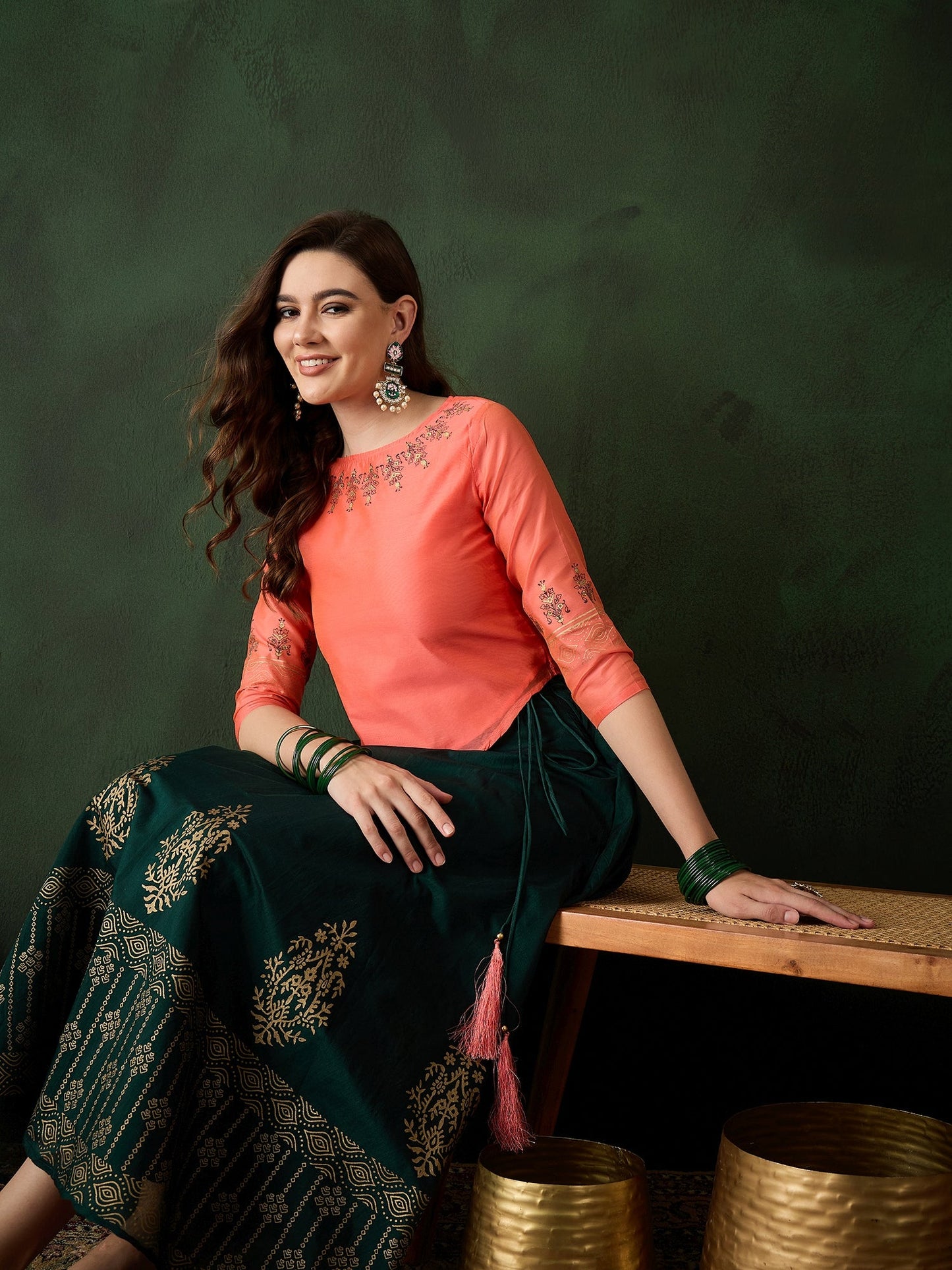 Green & Peach Block Print Lehenga Choli - Elganza