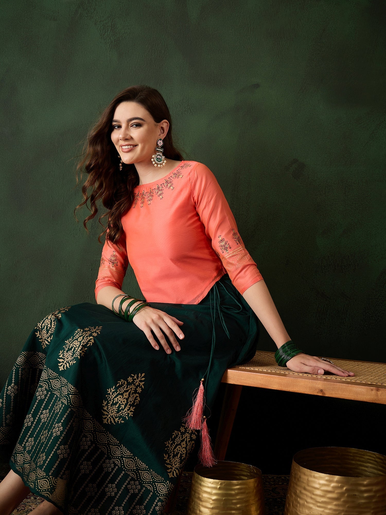 Green & Peach Block Print Lehenga Choli - Elganza