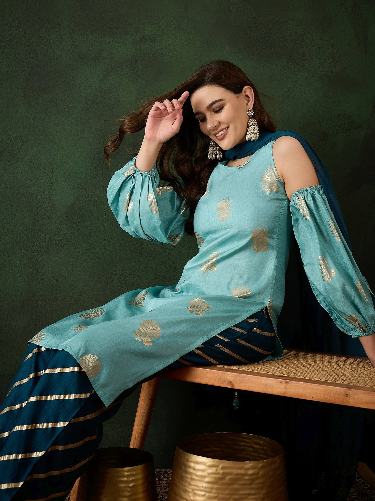 Blue Gold Printed Kurta Palazzo With Dupatta - Elganza
