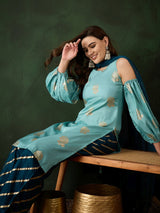 Blue Gold Printed Kurta Palazzo With Dupatta - Elganza