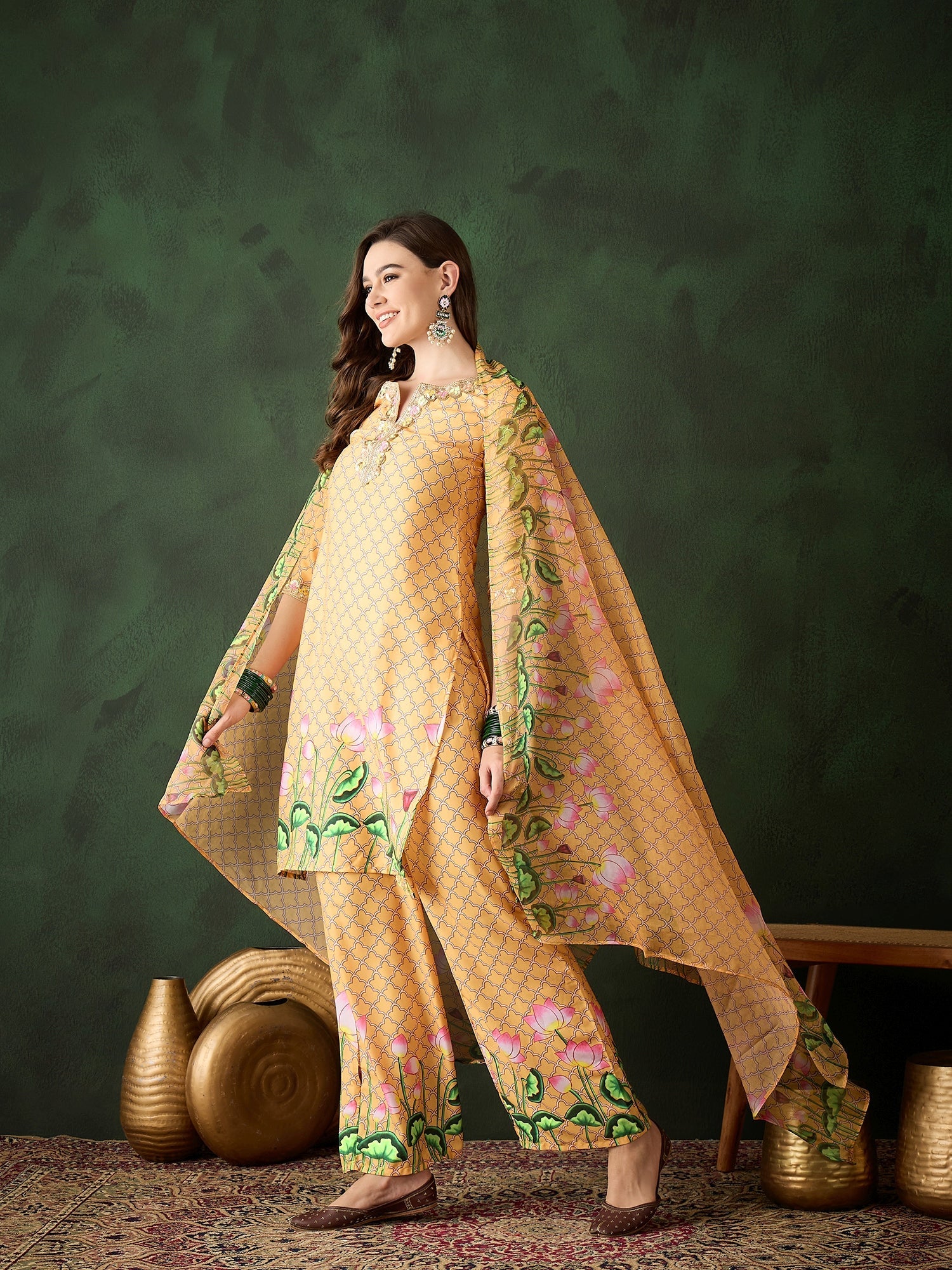 Yellow Pichwai Print Kurta Palazzo With Dupatta - Elganza