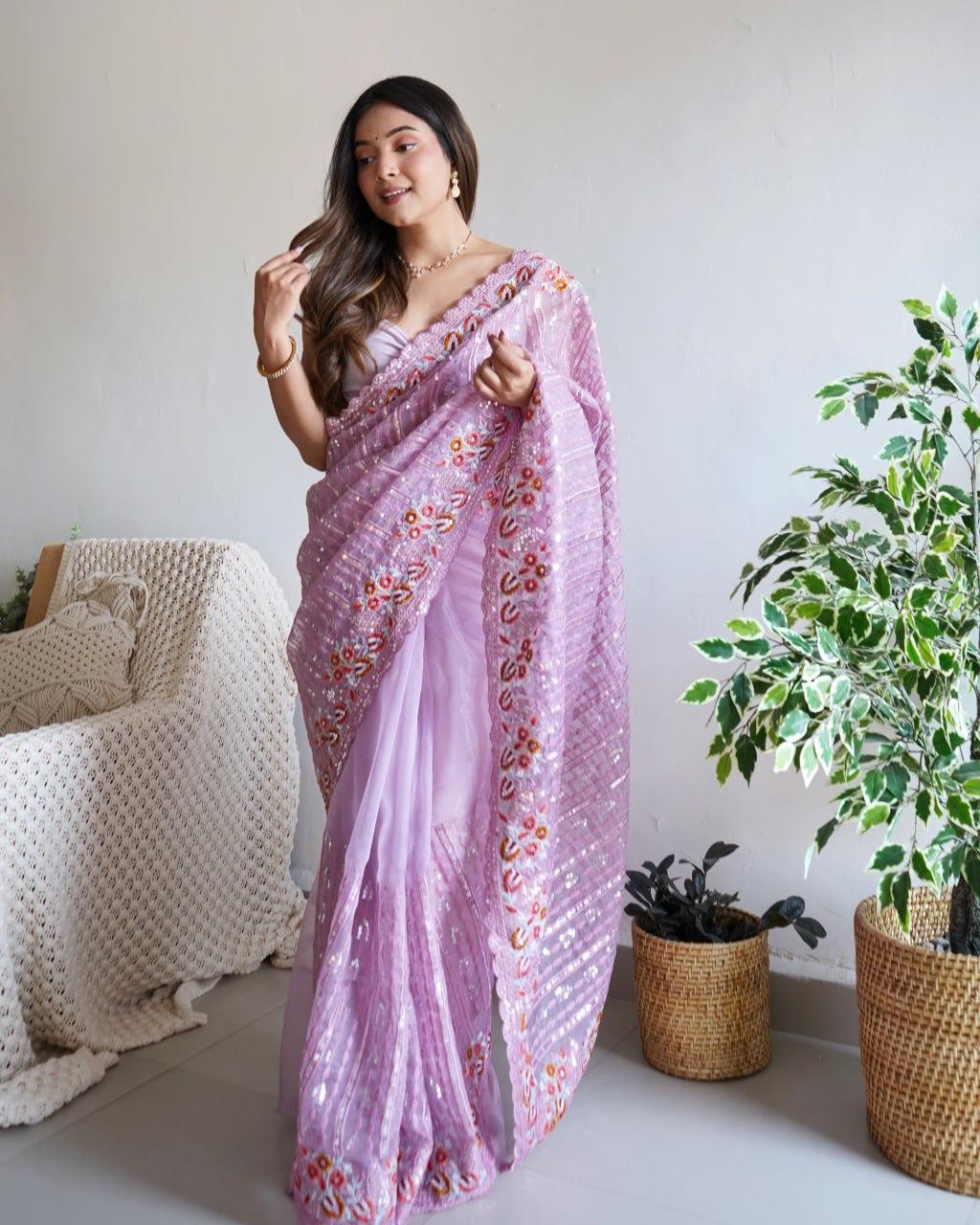 Heavy Organza Silk Designer Saree with Sequence Embroidery