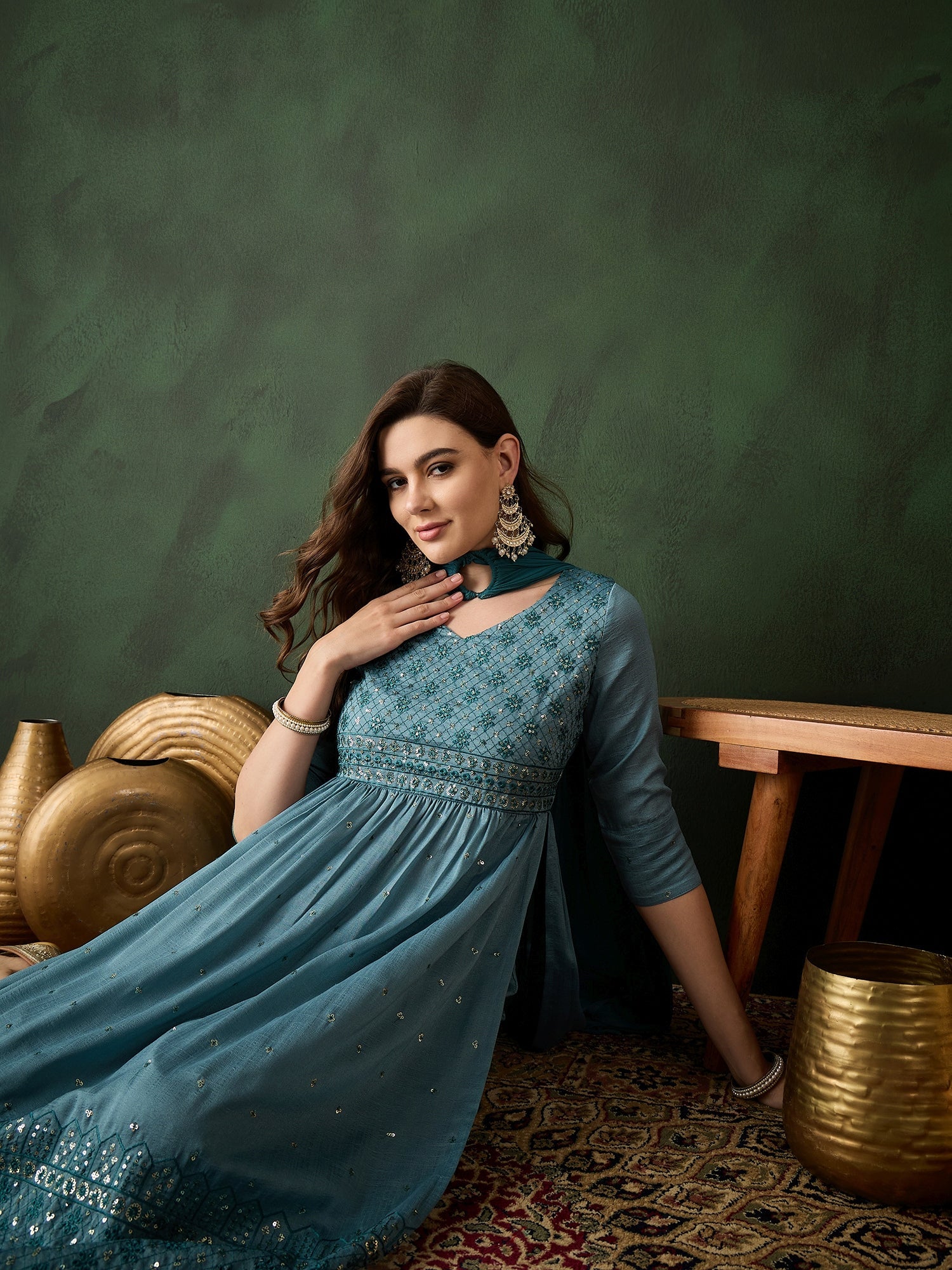 Blue Embroidered Nyra-Cut Kurta Palazzo With Dupatta - Elganza